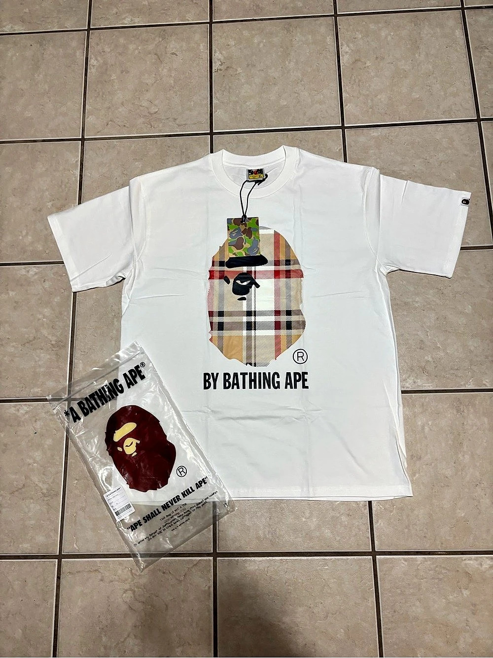 A Bathing Ape Bape Check Ape Head Tee Plaid Graphic T-Shirt White & Multicolor